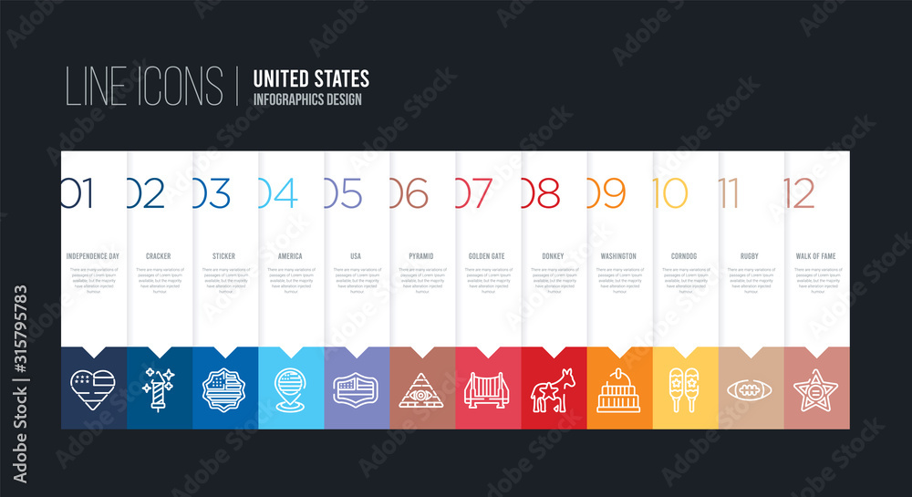 infographic design with 12 options. stroke line icons such as pyramid, usa, america, sticker, cracker, independence day can be use for web and mobile