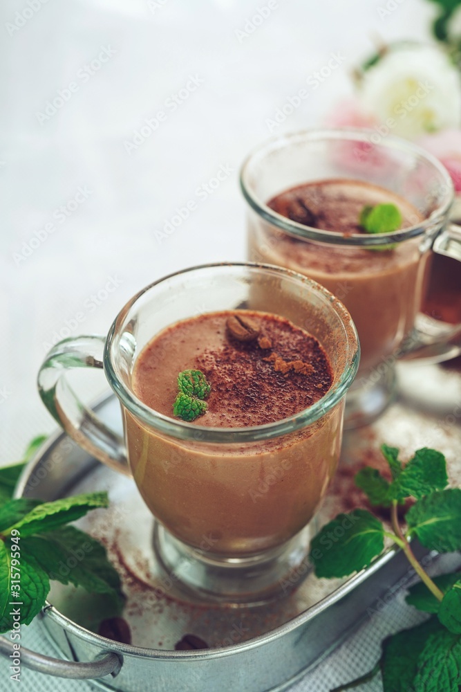 Chocolate mint protein milkshake smoothie, selective focus