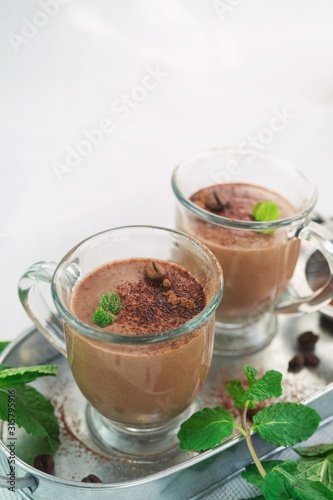 Chocolate mint protein milkshake smoothie, selective focus