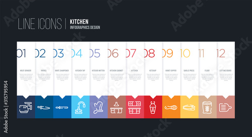 infographic design with 12 options. stroke line icons such as kitchen cabinet, kitchen mitten, kitchen tap, knife sharpener, knives, meat grinder can be use for web and mobile