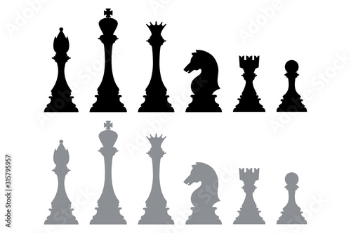Foto Silhouette icons from chess pieces, such as kings, bishops, queens, knights, rooks, and pawns