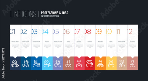 infographic design with 12 options. stroke line icons such as judge, baseball player, florist, mathematician, guitar player, makeup artist can be use for web and mobile