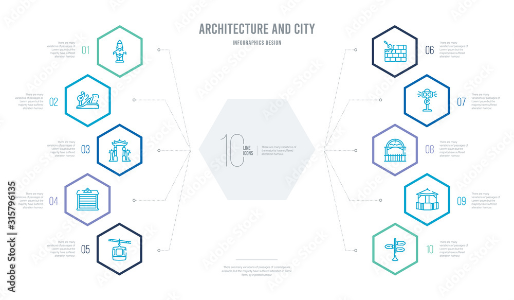 architecture and city concept business infographic design with 10 hexagon options. outline icons such as street, gazebo, arbor, parking lights, foundation, garage door