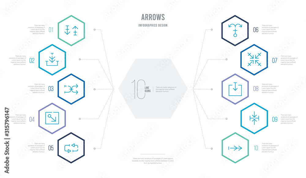 arrows concept business infographic design with 10 hexagon options. outline icons such as right direction, horizontal merge, enter up, minimize arrows, splitting arrow, exit down arrows concept business infographic design with 10 hexagon options. outline icons such as right direction, horizontal merge, enter up, minimize arrows, splitting arrow, exit down