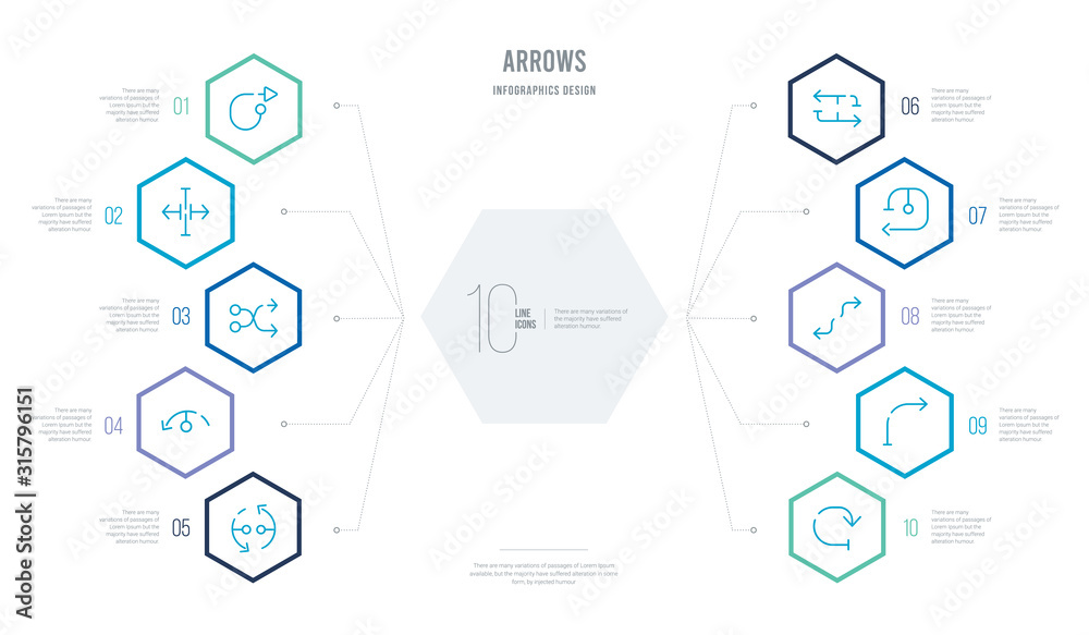 arrows concept business infographic design with 10 hexagon options ...