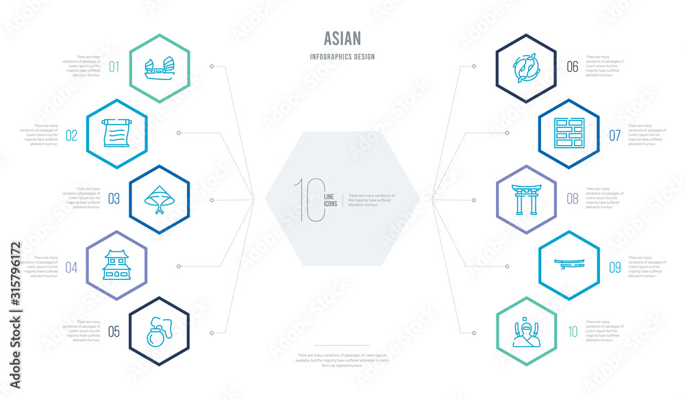 asian concept business infographic design with 10 hexagon options. outline icons such as ninja, katana, torii gate, tatami, underwater, dojo asian concept business infographic design with 10 hexagon options. outline icons such as ninja, katana, torii gate, tatami, underwater, dojo