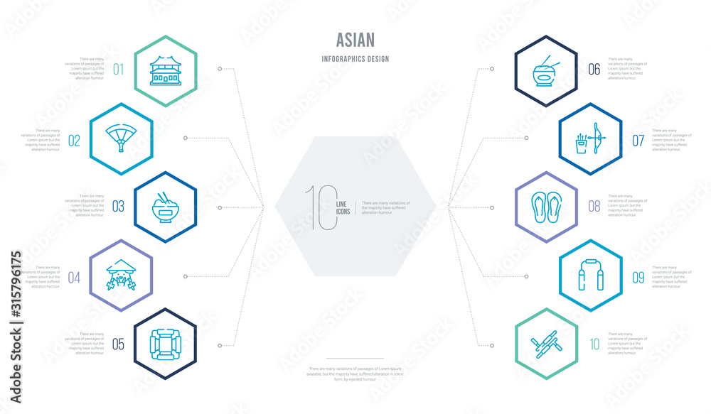 asian concept business infographic design with 10 hexagon options. outline icons such as tonfa, nunchaku, sandals, quiver, spike, china asian concept business infographic design with 10 hexagon options. outline icons such as tonfa, nunchaku, sandals, quiver, spike, china
