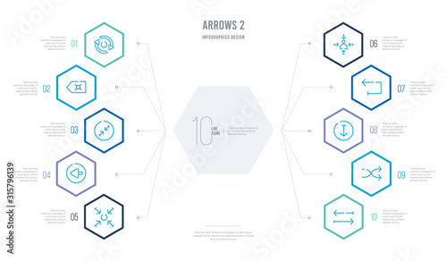 arrows 2 concept business infographic design with 10 hexagon options. outline icons such as transfer, shuffle, down arrow, return, focus, back
