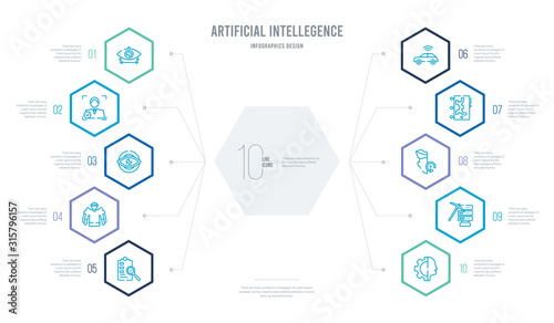 artificial intellegence concept business infographic design with 10 hexagon options. outline icons such as cyborg, data mining, deformity, difference engine, driverless autonomous car, exoskeleton