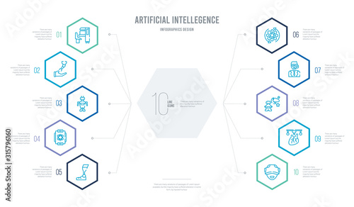 artificial intellegence concept business infographic design with 10 hexagon options. outline icons such as oculus rift, organ printing, outer space, personal assistant, processing, quantum computing
