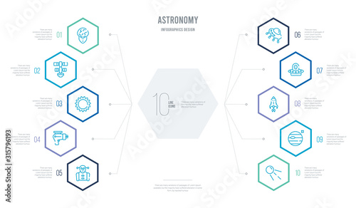 astronomy concept business infographic design with 10 hexagon options. outline icons such as sputnik, venus with satellite, rocket flying, alien with aqualung, big ufo, laser gun