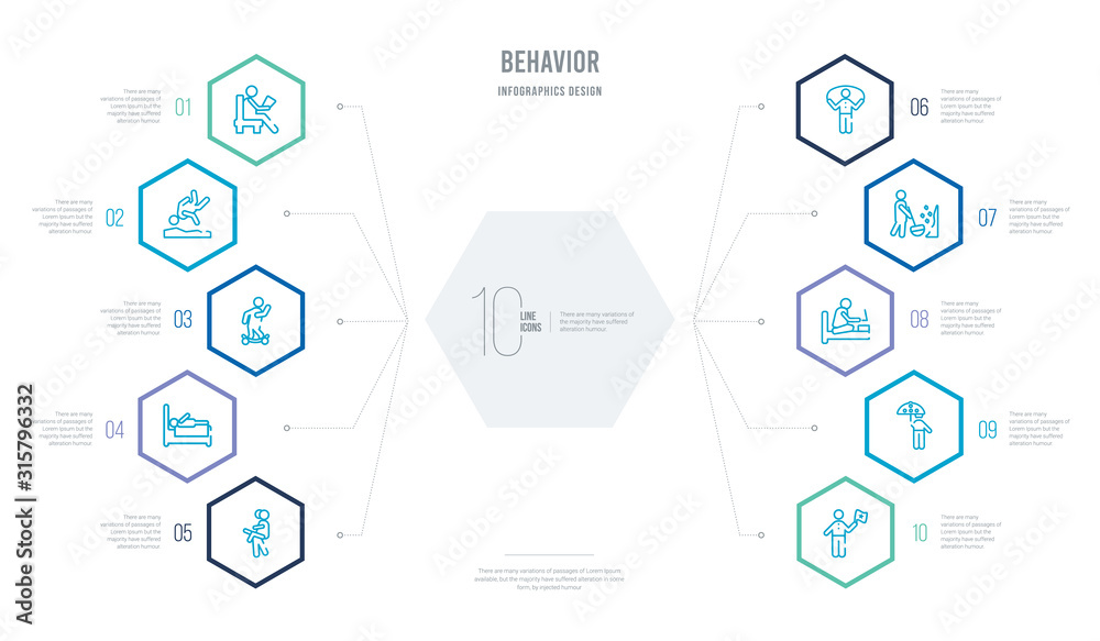 behavior concept business infographic design with 10 hexagon options. outline icons such as man with flag, stick man with umbrella, laptop chatting on bed, man digging, rope jumping, laying in bed behavior concept business infographic design with 10 hexagon options. outline icons such as man with flag, stick man with umbrella, laptop chatting on bed, man digging, rope jumping, laying in bed