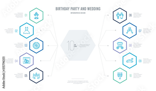 birthday party and wedding concept business infographic design with 10 hexagon options. outline icons such as wedding candle, wedding car, carriage, champagne, couple, day