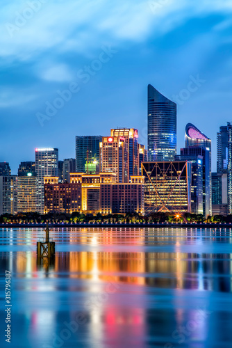 Hangzhou financial district office building architecture night view and city skyline