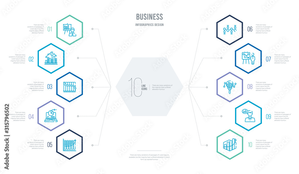 business concept business infographic design with 10 hexagon options. outline icons such as increasing stocks graphic of bars, businessman talking about data analysis, data search interface, person