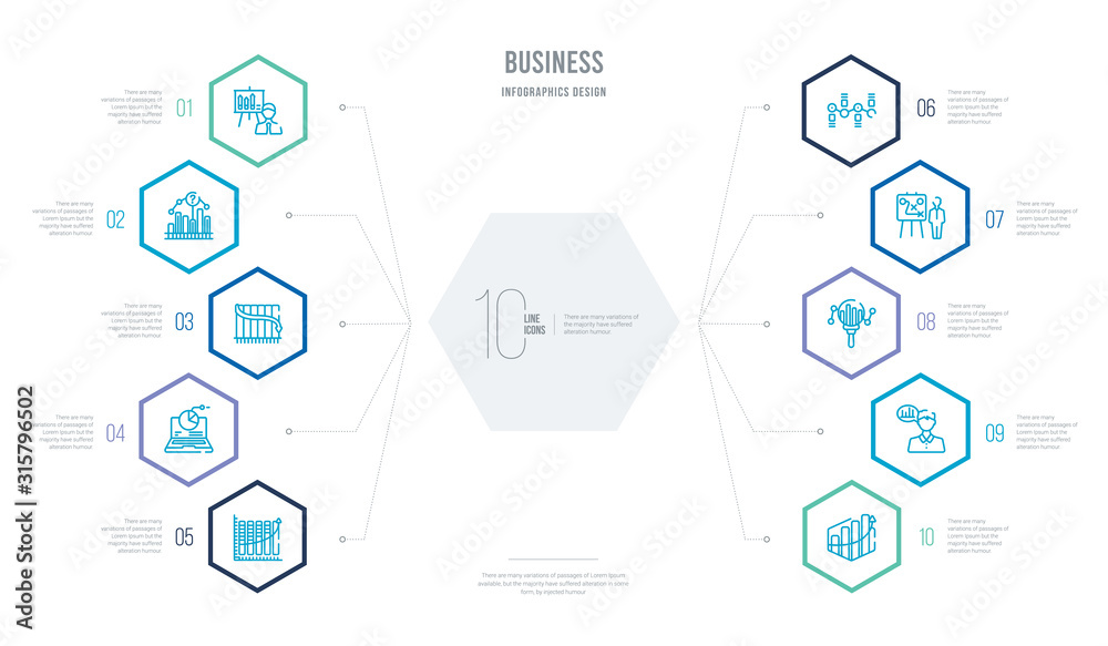 business concept business infographic design with 10 hexagon options. outline icons such as increasing stocks graphic of bars, businessman talking about data analysis, data search interface, person business concept business infographic design with 10 hexagon options. outline icons such as increasing stocks graphic of bars, businessman talking about data analysis, data search interface, person
