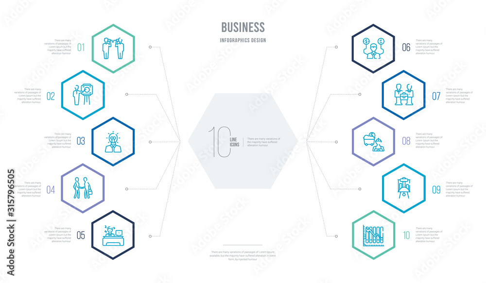 business concept business infographic design with 10 hexagon options. outline icons such as descending data analytics line graphic, data analytics presentation screen, proof of work, men couple, business concept business infographic design with 10 hexagon options. outline icons such as descending data analytics line graphic, data analytics presentation screen, proof of work, men couple,