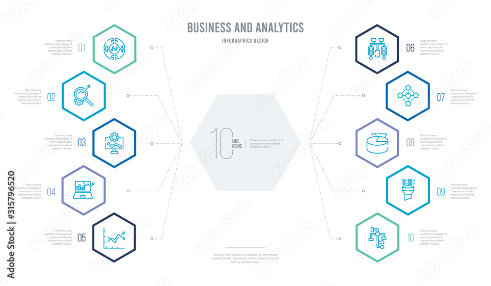 business and analytics concept business infographic design with 10 hexagon options. outline icons such as flow chart, funneling data, graph pie, hexagonal interconnections, hierarchy, laptop profits business and analytics concept business infographic design with 10 hexagon options. outline icons such as flow chart, funneling data, graph pie, hexagonal interconnections, hierarchy, laptop profits