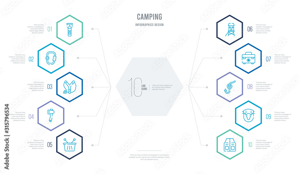 camping concept business infographic design with 10 hexagon options. outline icons such as fishing vest, hunting trophy, hook, freezer, lodge, hatchet camping concept business infographic design with 10 hexagon options. outline icons such as fishing vest, hunting trophy, hook, freezer, lodge, hatchet