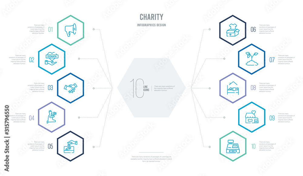 charity concept business infographic design with 10 hexagon options. outline icons such as cash box, charity shop, shelter beds, reforestation, clothes donation, praying charity concept business infographic design with 10 hexagon options. outline icons such as cash box, charity shop, shelter beds, reforestation, clothes donation, praying