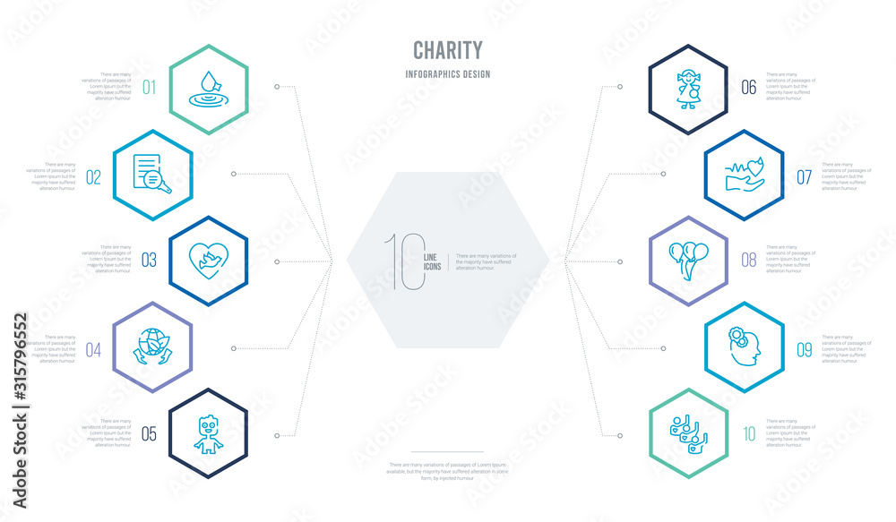 charity concept business infographic design with 10 hexagon options. outline icons such as voluntary service, awareness, ballons, blood donation, happy kids, enviromental protection charity concept business infographic design with 10 hexagon options. outline icons such as voluntary service, awareness, ballons, blood donation, happy kids, enviromental protection