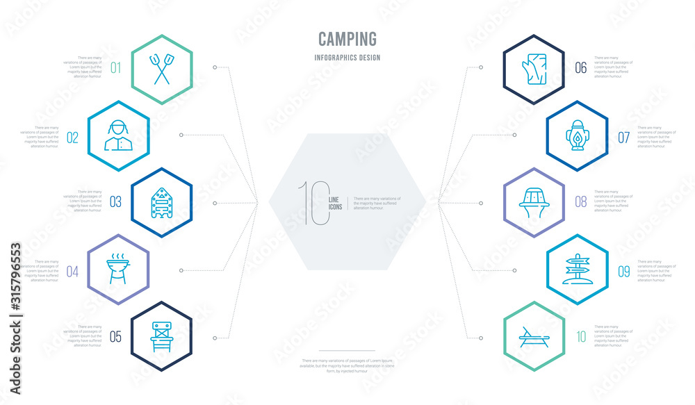 camping concept business infographic design with 10 hexagon options. outline icons such as deck chair, direction, explorer hat, fire lamp, firewood, grill camping concept business infographic design with 10 hexagon options. outline icons such as deck chair, direction, explorer hat, fire lamp, firewood, grill