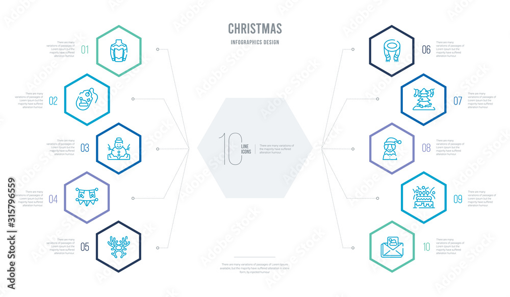 christmas concept business infographic design with 10 hexagon options. outline icons such as letter shadow, birthday and party, mrs claus, christmas, scarfs, celebration garlands christmas concept business infographic design with 10 hexagon options. outline icons such as letter shadow, birthday and party, mrs claus, christmas, scarfs, celebration garlands