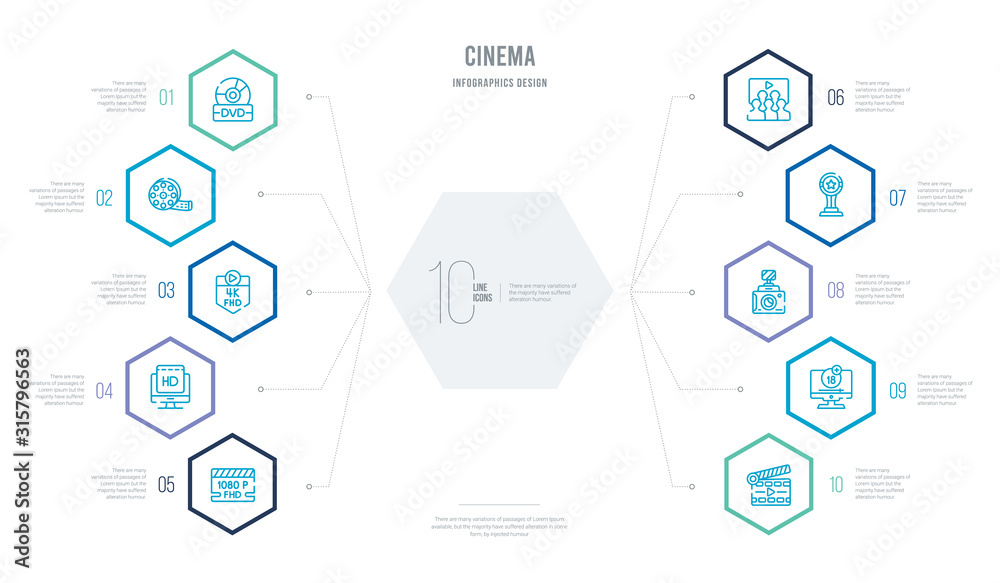 cinema concept business infographic design with 10 hexagon options. outline icons such as movie clapper open, plus 18 movie, dslr camera, award, people watching a movie, hd