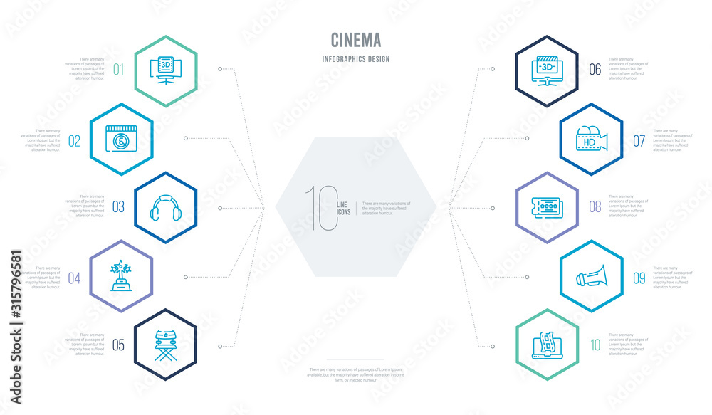 cinema concept business infographic design with 10 hexagon options. outline icons such as laptop with film strip, cinematographic announcer, cinema ticket with a star, hd video, 3d video, trophy a cinema concept business infographic design with 10 hexagon options. outline icons such as laptop with film strip, cinematographic announcer, cinema ticket with a star, hd video, 3d video, trophy a