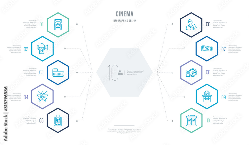 cinema concept business infographic design with 10 hexagon options. outline icons such as doorway, dressing room, dvd, film, film director, film star