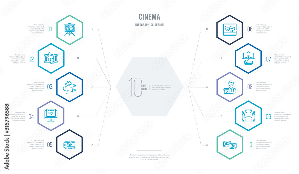 cinema concept business infographic design with 10 hexagon options. outline icons such as photograms, premiere, producer, projector screen, prompt box, slow motion cinema concept business infographic design with 10 hexagon options. outline icons such as photograms, premiere, producer, projector screen, prompt box, slow motion