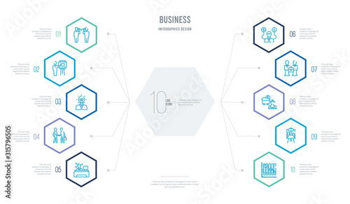 business concept business infographic design with 10 hexagon options. outline icons such as descending data analytics line graphic, data analytics presentation screen, proof of work, men couple,
