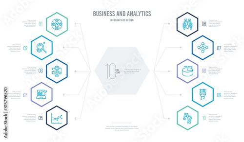 business and analytics concept business infographic design with 10 hexagon options. outline icons such as flow chart, funneling data, graph pie, hexagonal interconnections, hierarchy, laptop profits © zaurrahimov