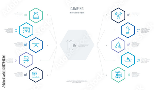 camping concept business infographic design with 10 hexagon options. outline icons such as raft, rafting, canteen, thermo, axes, camp chair