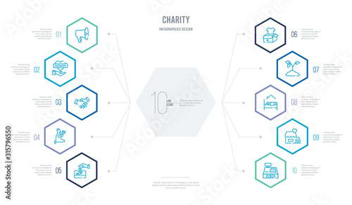 charity concept business infographic design with 10 hexagon options. outline icons such as cash box, charity shop, shelter beds, reforestation, clothes donation, praying