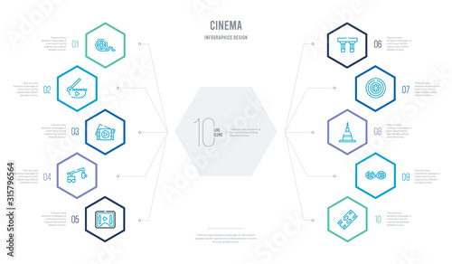 cinema concept business infographic design with 10 hexagon options. outline icons such as image fotogram, 3d paper glasses, mole antonelliana in turin, round carpet, solid, jimmy jib photo