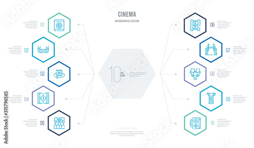 cinema concept business infographic design with 10 hexagon options. outline icons such as loud woofer box, theatre pillar, theatre seats, carpet, film reel playing, film reel countdown number 2
