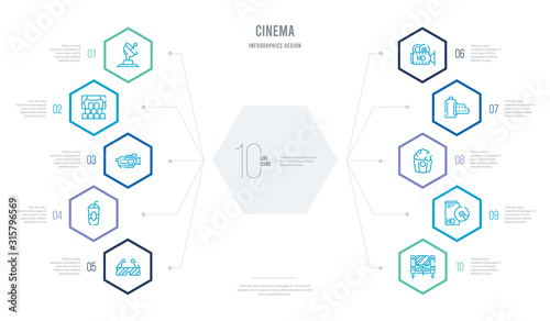 cinema concept business infographic design with 10 hexagon options. outline icons such as home theater, hd dvd, popcorn box, camera roll, hd video, papper cup with straw