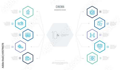 cinema concept business infographic design with 10 hexagon options. outline icons such as film counter, movie billboard, cinema borders, cinema clapperboard, television with antenna, movie roll