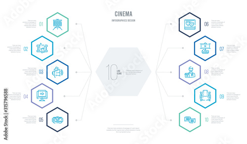 cinema concept business infographic design with 10 hexagon options. outline icons such as photograms, premiere, producer, projector screen, prompt box, slow motion