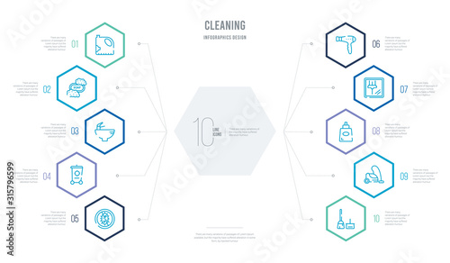 cleaning concept business infographic design with 10 hexagon options. outline icons such as dustpan cleanin, vacuum cleanin, perfume cleanin, mirror hairdryer trash