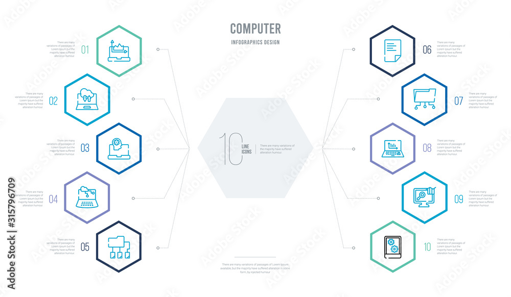 computer concept business infographic design with 10 hexagon options. outline icons such as tablet data settings, data analyser, laptop data analytics graphic on screen with circles, folder computer concept business infographic design with 10 hexagon options. outline icons such as tablet data settings, data analyser, laptop data analytics graphic on screen with circles, folder