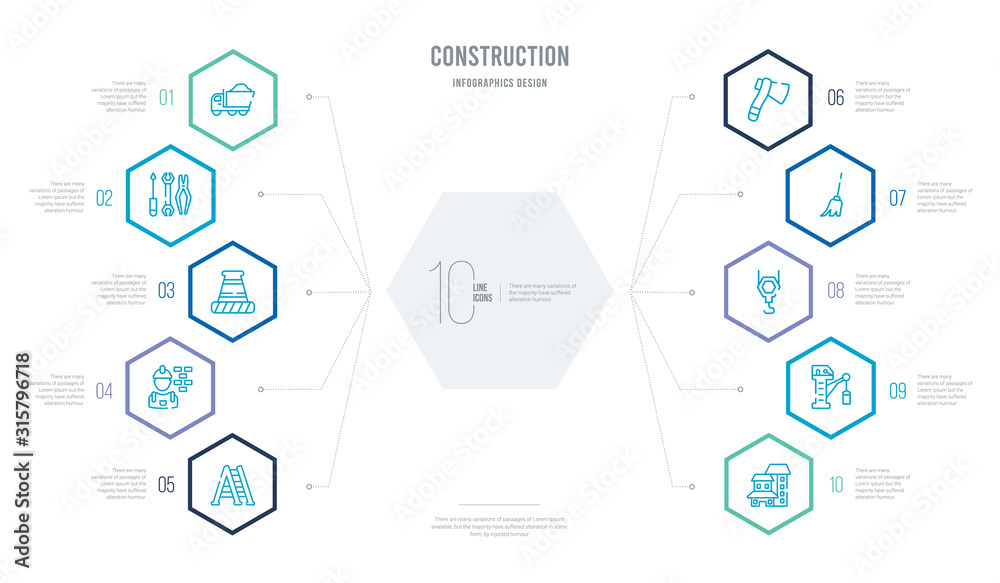 construction concept business infographic design with 10 hexagon options. outline icons such as big building, big derrick with boxes, pulley hook, sweeping broom, inclined ax, constructions