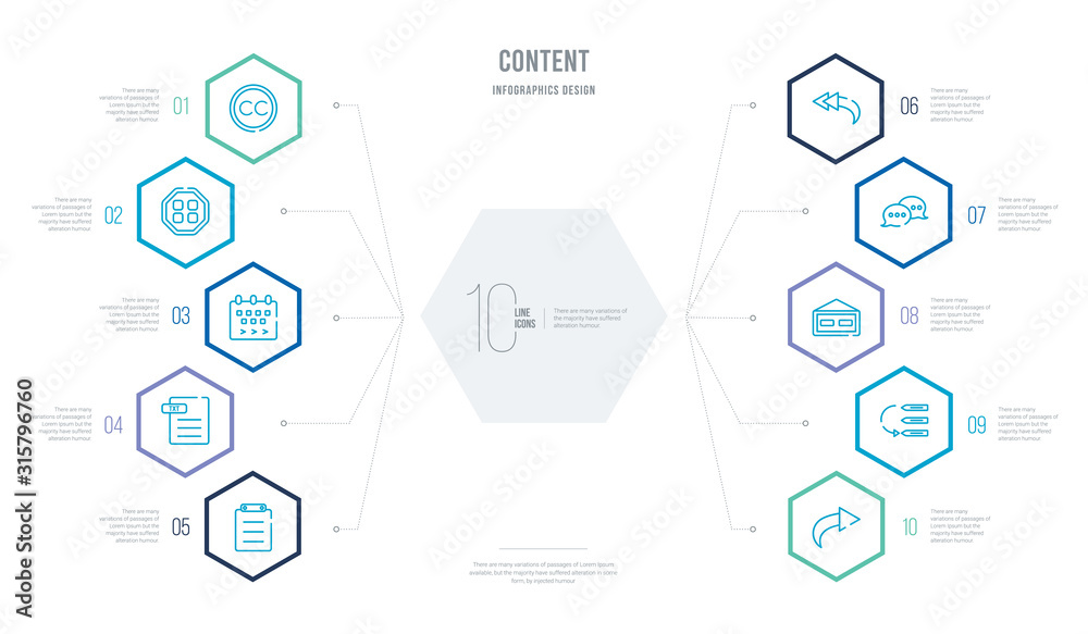 content concept business infographic design with 10 hexagon options. outline icons such as reply, priority, weekend, сhat, reply all, text format content concept business infographic design with 10 hexagon options. outline icons such as reply, priority, weekend, сhat, reply all, text format