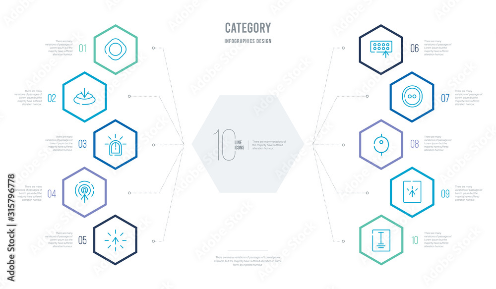 category concept business infographic design with 10 hexagon options. outline icons such as word, select, scroll, hold, typing, pointer category concept business infographic design with 10 hexagon options. outline icons such as word, select, scroll, hold, typing, pointer