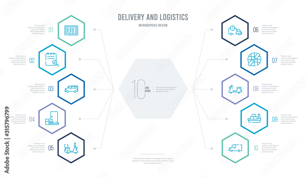 delivery and logistics concept business infographic design with 10 hexagon options. outline icons such as transportation, ship by sea, scooter delivery, worldwide delivery, express to the door delivery and logistics concept business infographic design with 10 hexagon options. outline icons such as transportation, ship by sea, scooter delivery, worldwide delivery, express to the door