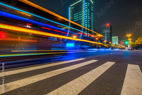 the light trails on the modern building background.