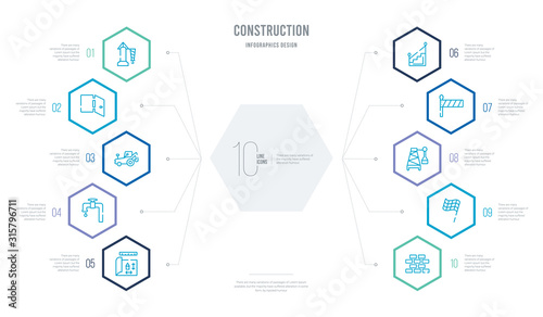 construction concept business infographic design with 10 hexagon options. outline icons such as constructing a brick wall, flags crossed, derrick with boxes, road barrier, stairs with handle,