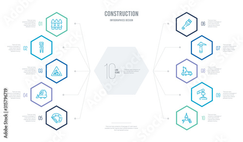 construction concept business infographic design with 10 hexagon options. outline icons such as drawing compass, derrick with load, crane truck, inclined picker, sand brush, little snowplow
