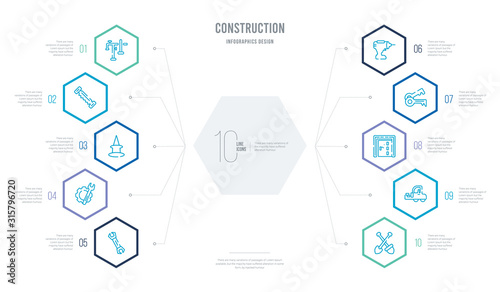 construction concept business infographic design with 10 hexagon options. outline icons such as two shovels, trolley truck, big door, home key, electric drill, wrench and gear